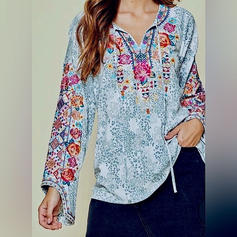 Savanna Jane Embroidered Boho Leopard Long Sleeve Blouse Size Large